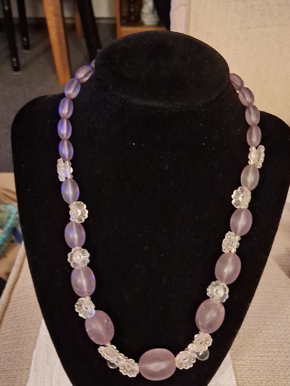 Delicate Purple Bead Necklace with Clear Floral Spacers